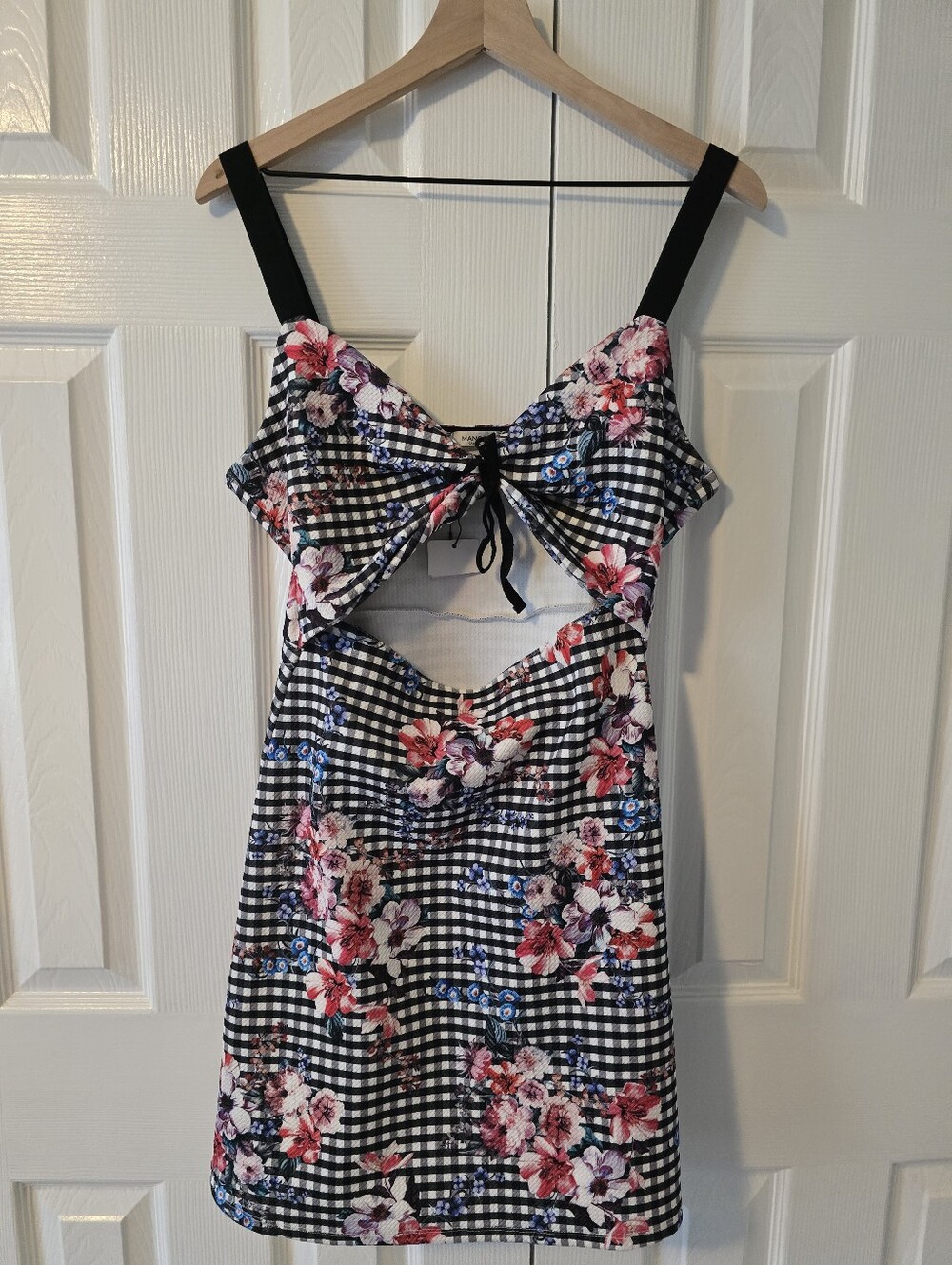 Mango Black Gingham Mini Dress with Pink Floral Print